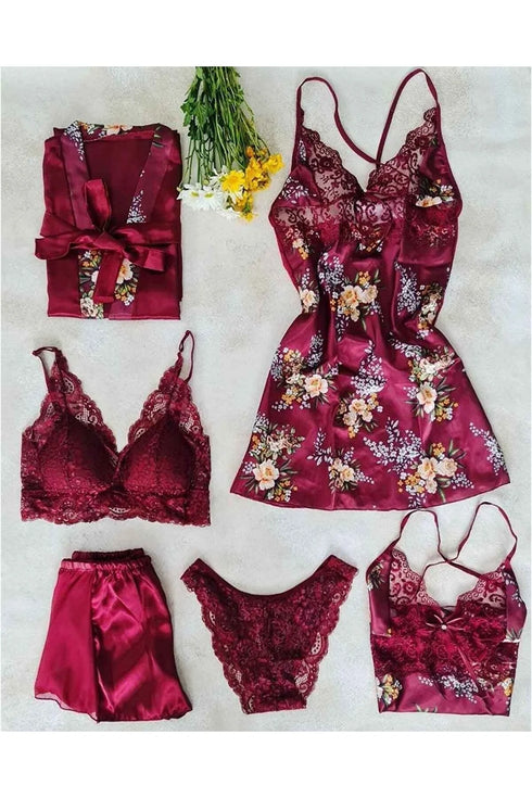 Burgundy Floral Satin 6 Piece Dressing Gown and Nightgown Dowry Set